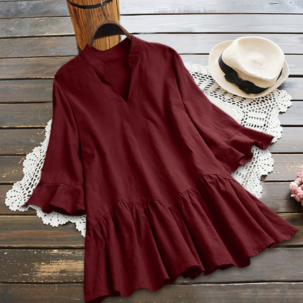 Damen Hemd Baumwoll-Leinenhemd Bluse Einfach Basic Modern Lässig Kurzarm Glockenärmel V Ausschnitt Normale Oberteile Ferien Ausgehen Gerafft Schwarz Weiß Rosa Wein Khaki Sommer Lightinthebox