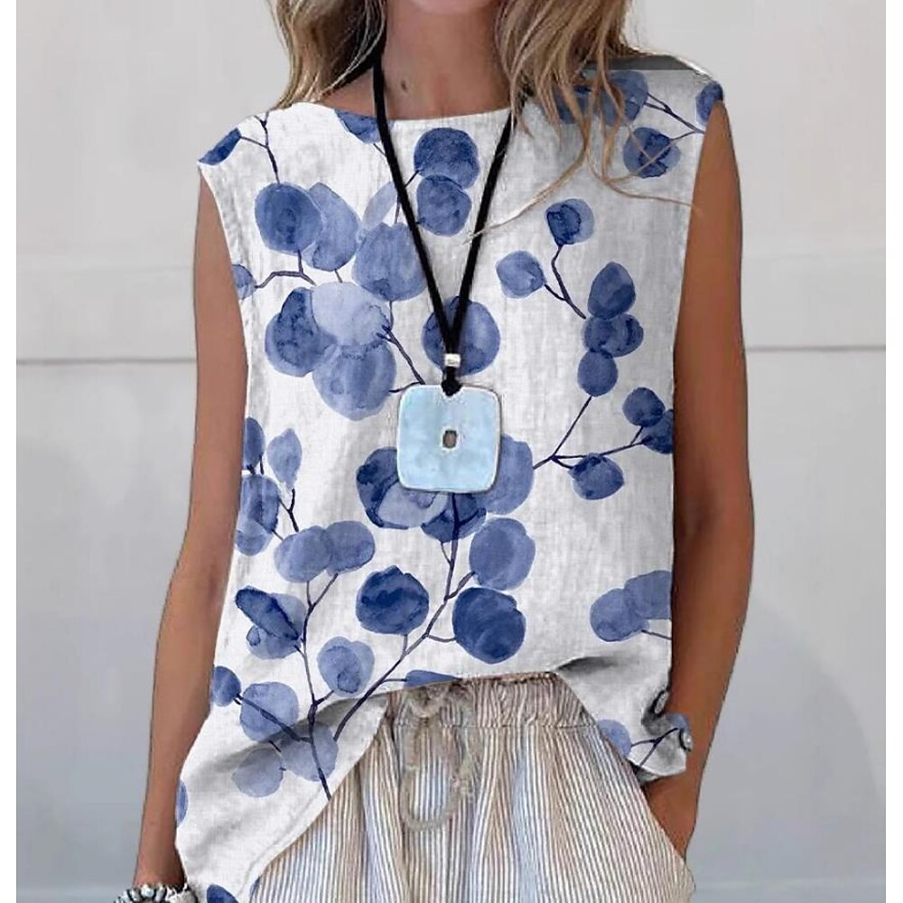 Damen Hemd Blumen Bohemien Täglich Stilvoll Ärmellos Rundhalsausschnitt Normale Oberteile Täglich Druck Weiß Blau Himmelblau Orange Beige Sommer Frühling Lightinthebox