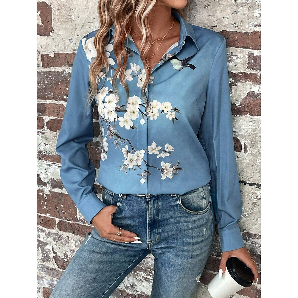 Damenhemd Blumen Grafik Vogel Casual Langarm Hemd Kragen Normal Oberteile Arbeit Alltag Knöpfe Druck Blau Frühling Herbst Lightinthebox