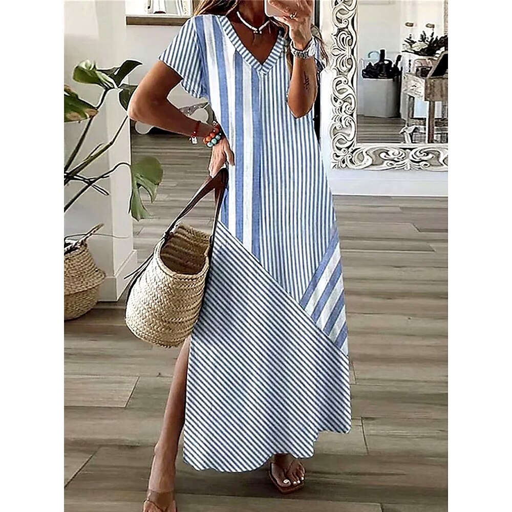 Damen Maxikleid T-Shirt-Kleid Sommerkleid Shiftkleid Bohemien Ferien Normale Passform Grafik Gestreift Vintage Kurzarm Rundhalsausschnitt Blau Grau Sommer Frühling Lightinthebox