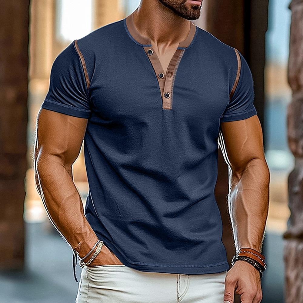 Herren Henley Shirt T-Shirt Kurze Ärmel Glatt Raglanärmel Modisch Designer Basic Patchwork Henley Urlaub Strasse Ausgehen Sommer Schwarz Weiß Gelb Henley T-Shirt Lightinthebox