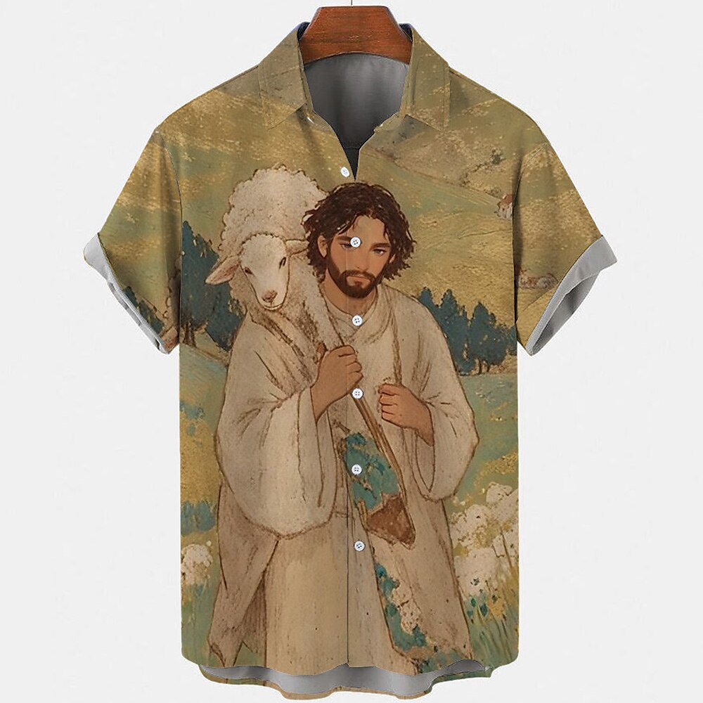 Ostern Herren Schaf Jesus Hemd Freizeithemd Knopfhemd Kurzarm Vintage-Retro Urlaub Ferien Festival Sommer Frühling Umlegekragen 3D-Druck Hemden mit Kragen Cachi scuro Gelb Lightinthebox