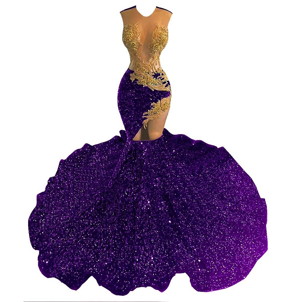 Meerjungfrauenschnitt Abendkleid Elegant Kleid Abendgesellschaft Abschlussball Bodenlange Schleppe Ärmellos Illusionsausschnitt Baumwolle mit Strass Glitzer Paillette 2025 Lightinthebox
