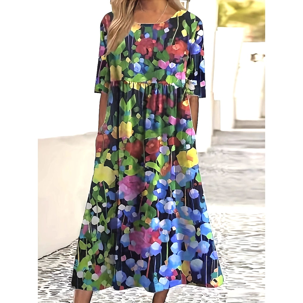 Damen Midikleid Sommerkleid Urlaub Lässig Strand Täglich Ferien Teegesellschaft Lässiger Schnitt Blumen Grafik Halbarm Rundhalsausschnitt Weiß Gelb Blau Orange Sommer Lightinthebox
