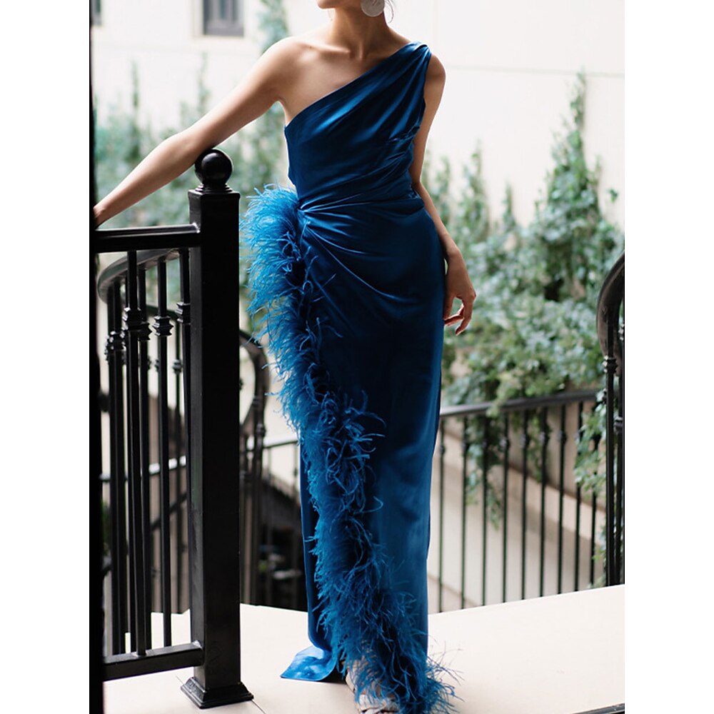 Meerjungfrauenschnitt Quinceanera-Kleider Elegant Kleid Hochzeit Hochzeitsgast Bodenlang Ärmellos Ein-Schulter Polyester mit Feder 2025 Lightinthebox
