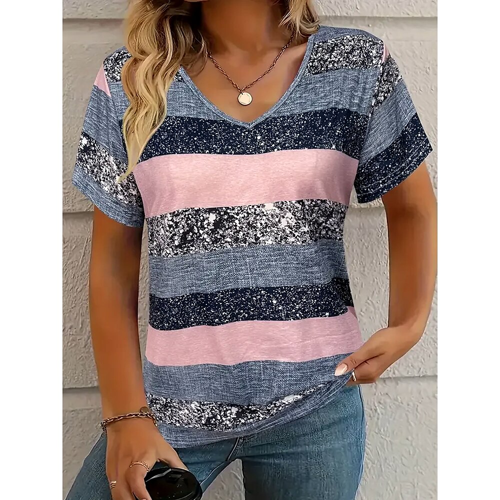 Damen T Shirt Grafik Gestreift Mode Stilvoll Lässig Langarm V Ausschnitt Normale Oberteile Täglich Sport Ausgehen Druck Rosa Sommer Frühling Lightinthebox