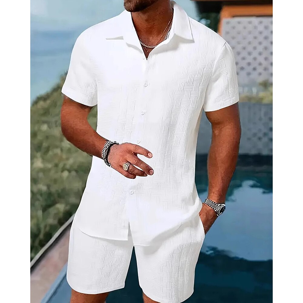 Herren T-Shirt Anzüge 2-teiliges Outfit T-Shirt und Shorts Kurzarm Hemdkragen Sommer Einfach Mode Lässig 2 teilig Urlaub Alltagskleidung Ausgehen Schwarz Weiß Rosa Top T-Shirt für Herren Lightinthebox