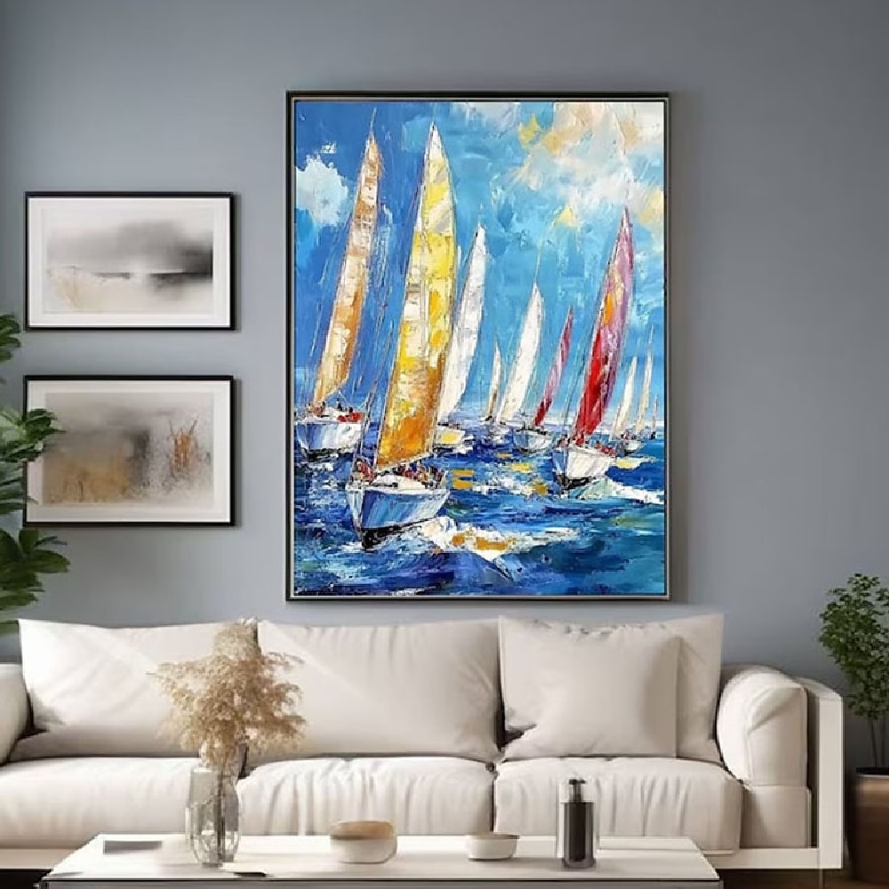 buntes Meer Segelboot Ölgemälde handgemalt Regatta strukturierte Ölgemälde Leinwand Kunst für nautische Liebhaber einzigartige Landschaft Ölgemälde Wand Dcor Geschenk für Segeln Gemälde von Lightinthebox