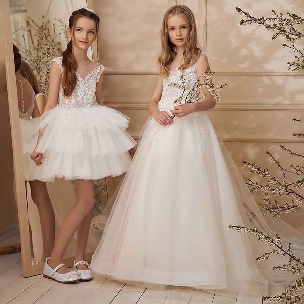 Blumenmädchenkleid Mädchen Formelle Kleidung Prinzessinenkleid Erstkommunion Kleid Abendkleid Hochzeit Party Prinzessin Süß Ostern Karnival Gerafft Einfarbig Ärmellos V-Ausschnitt Hellgelb Weiß Ab 4 Lightinthebox
