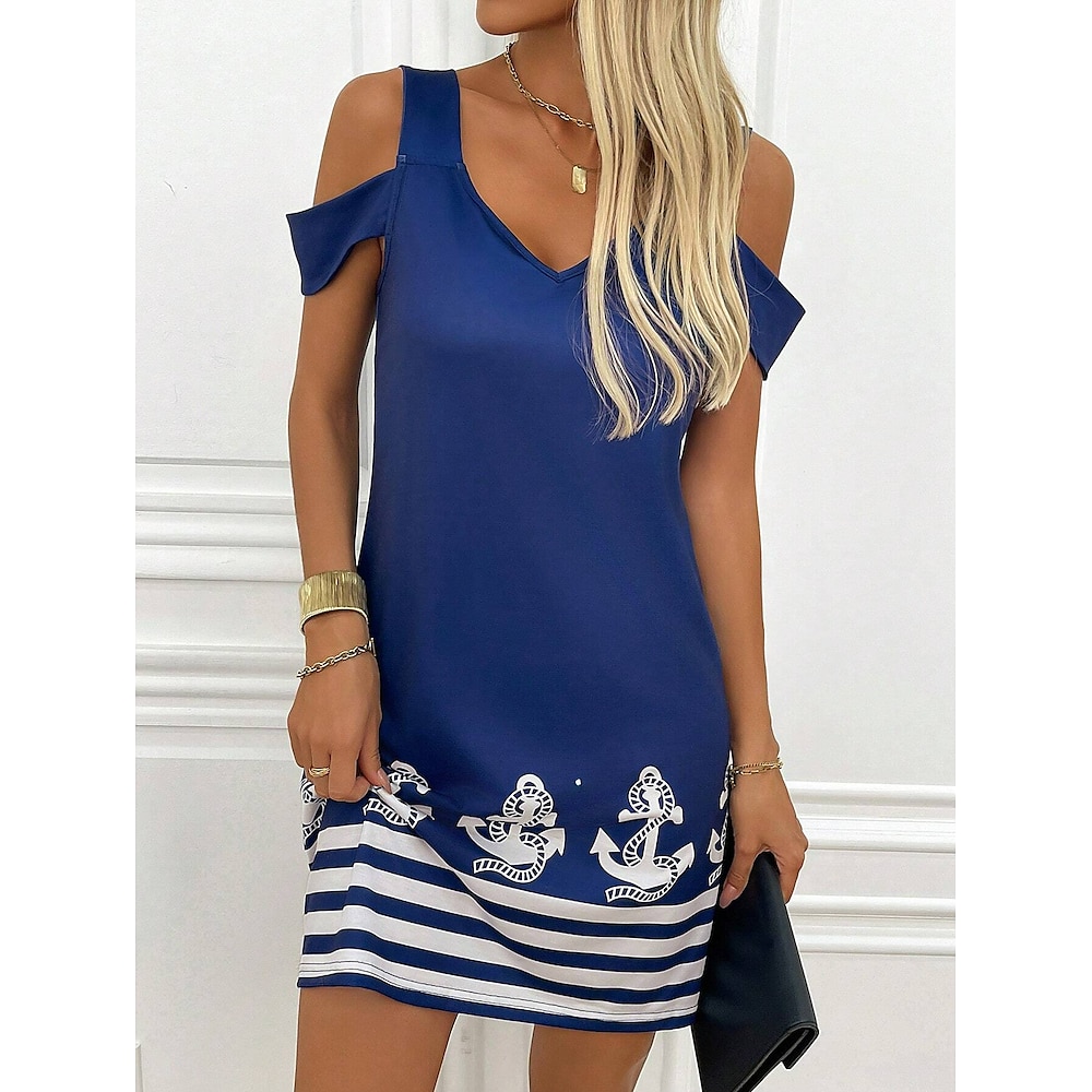 Damen Minikleid Sommerkleid Urlaub Lässig Täglich Ferien Normale Passform Grafik Gestreift Kurzarm V Ausschnitt Blau Sommer Lightinthebox