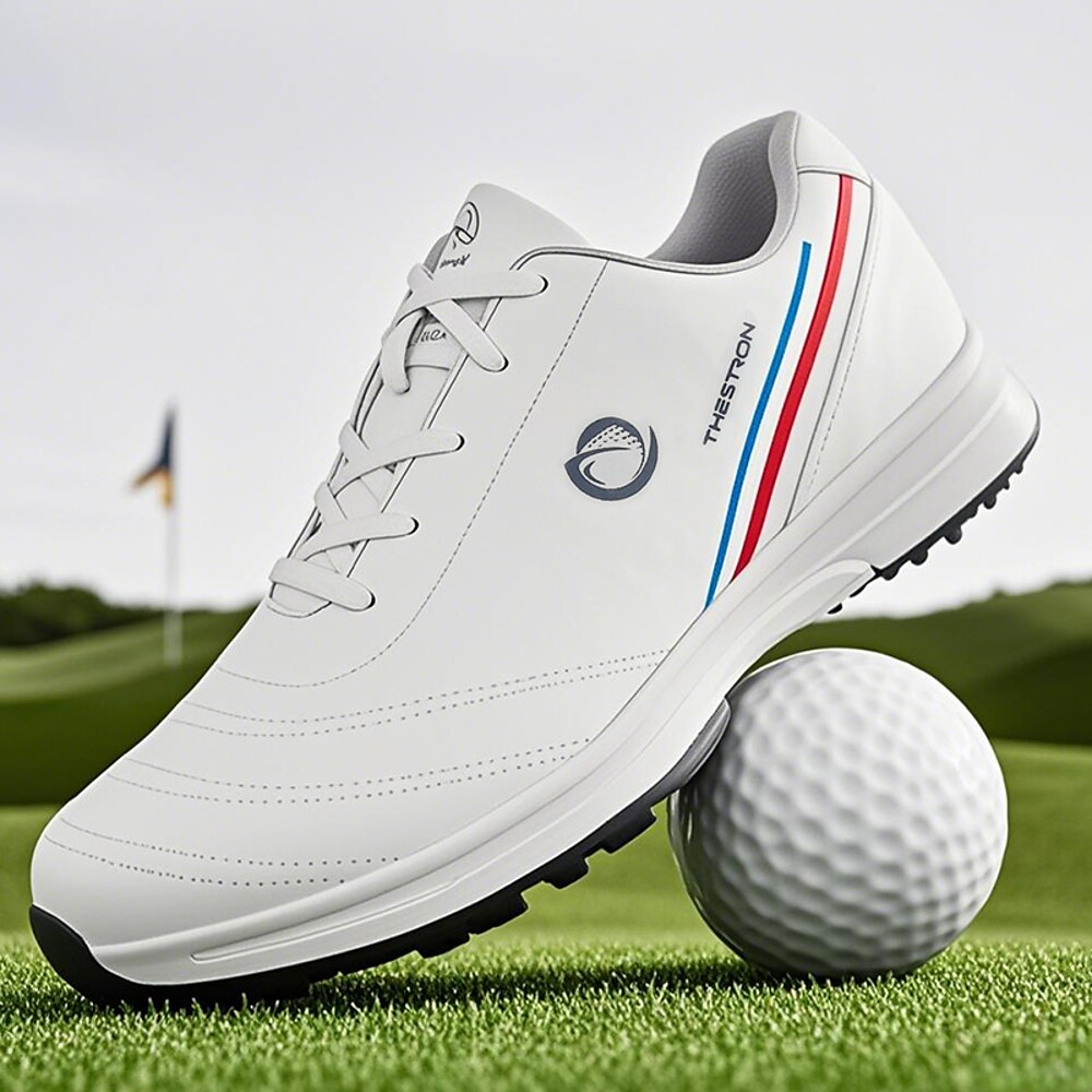 Elegante weiße Golfschuhe für Herren mit dreifarbigem Streifen, wasserdichtes Leder, perfekt für professionelles Golfspiel Lightinthebox