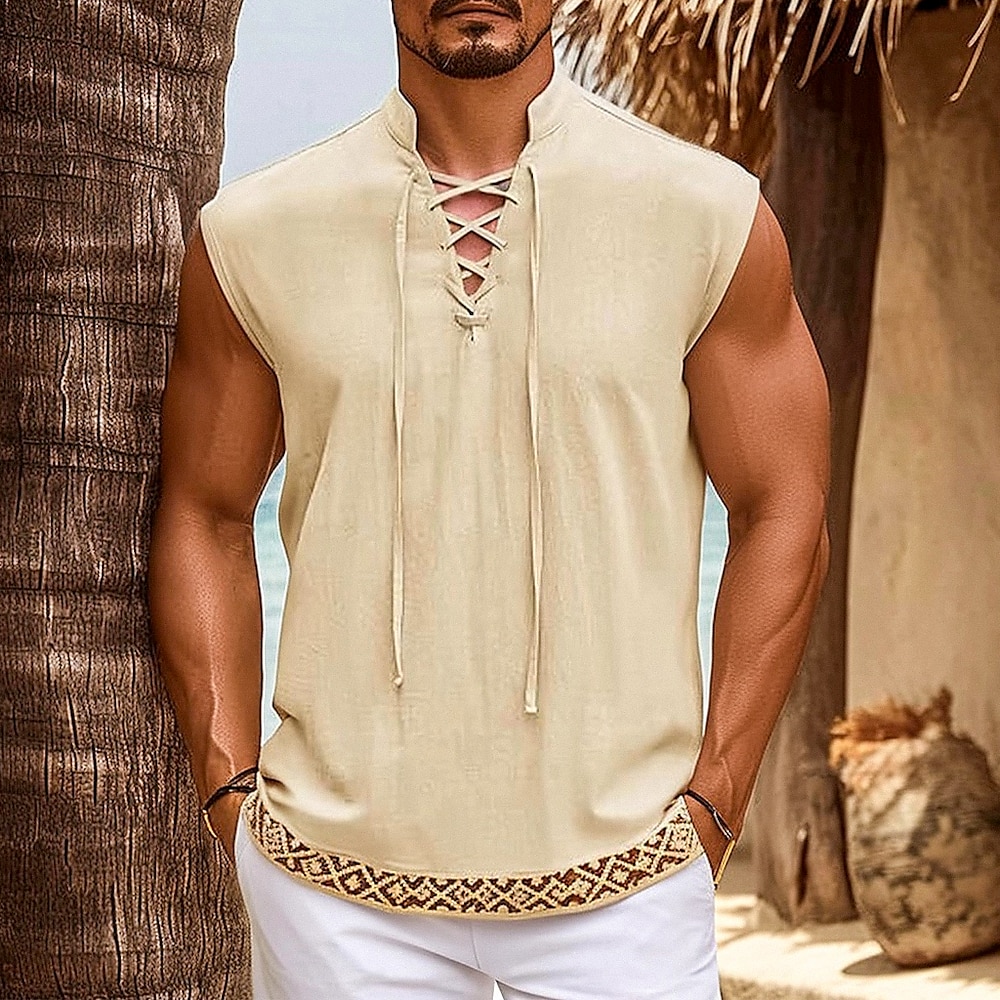 Herren Tank Top Henley Hemd Weste Unterhemd Ärmellos V Ausschnitt Sommer Patchwork Mode Designer Muskel Knöpfe Kordelzug Outdoor Ausgehen Fitnessstudio Khaki Top T-Shirt für Herren Lightinthebox