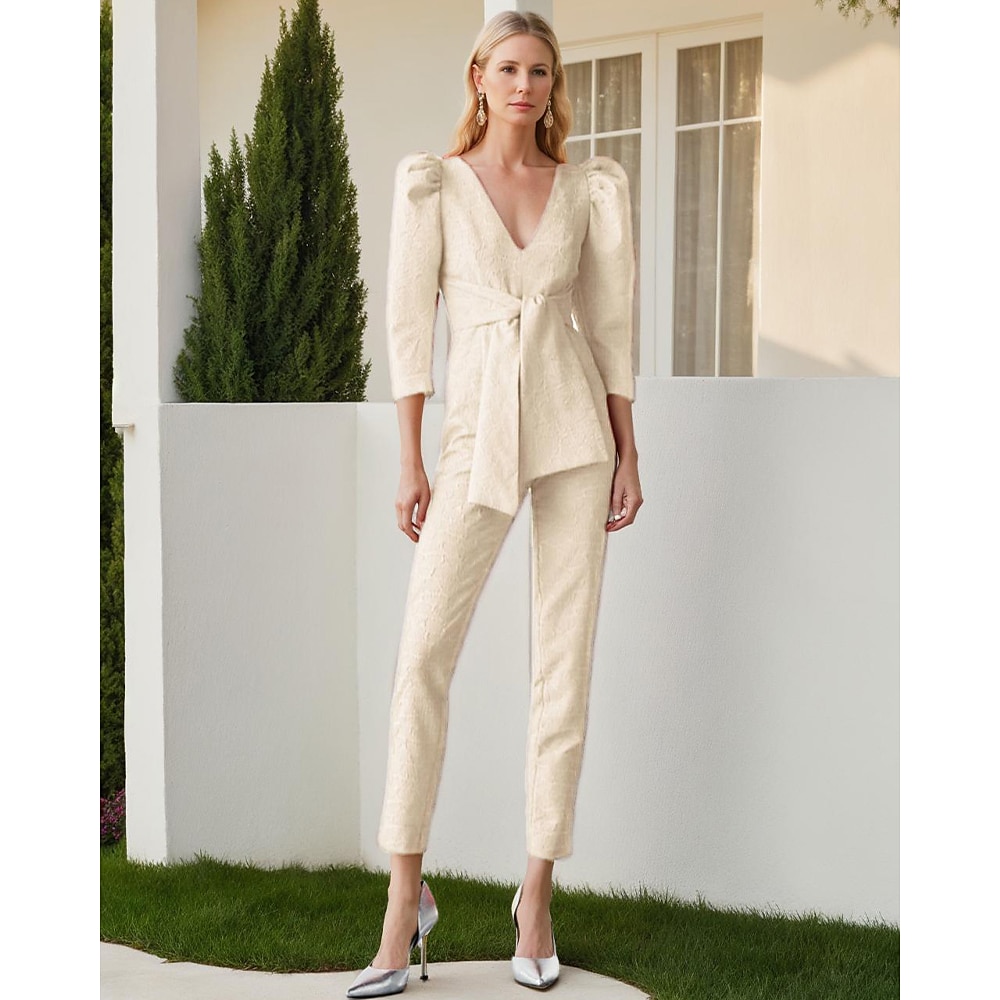 Jumpsuits Kleid für die Brautmutter, elegant, Vintage, schlicht, V-Ausschnitt, knöchellang, Jacquard, 3/4-Länge, Puffärmel mit Schärpe, einfarbig, 2025 Lightinthebox