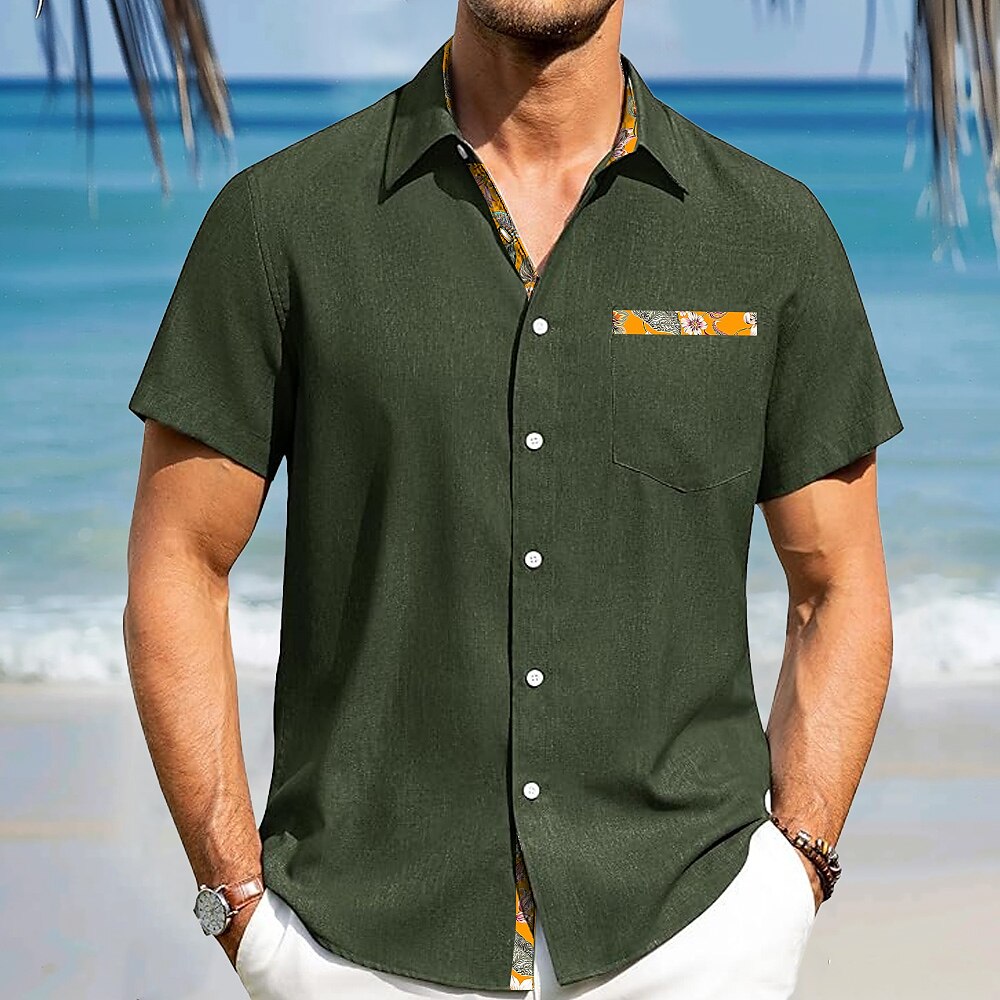 Herren leinenhemd Sommerhemd Knopfhemd Kurzarm Modisch lässig Urlaub Ferien Strandbekleidung Sommer Frühling Hemden mit Kragen Eine Tasche vorne Dunkelmarine Dunkelgrün Dunkelgray Lightinthebox