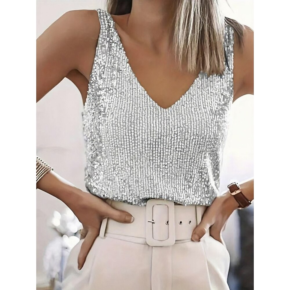 Damen Camisole-Tanktop Einfarbig Stilvoll Modern Lässig Ärmellos V Ausschnitt Normale Oberteile Täglich Pailletten Schwarz Weiß Rote Fuchsie Sommer Frühling Lightinthebox