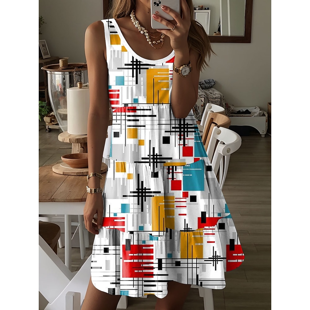 Damen Minikleid Casual kleid Sommerkleid Urlaub Brautkleider schlicht Urlaub Täglich Festtage Regular Fit Graphic Geometrisch Ärmellos Rundhalsausschnitt Weiß Sommer Lightinthebox