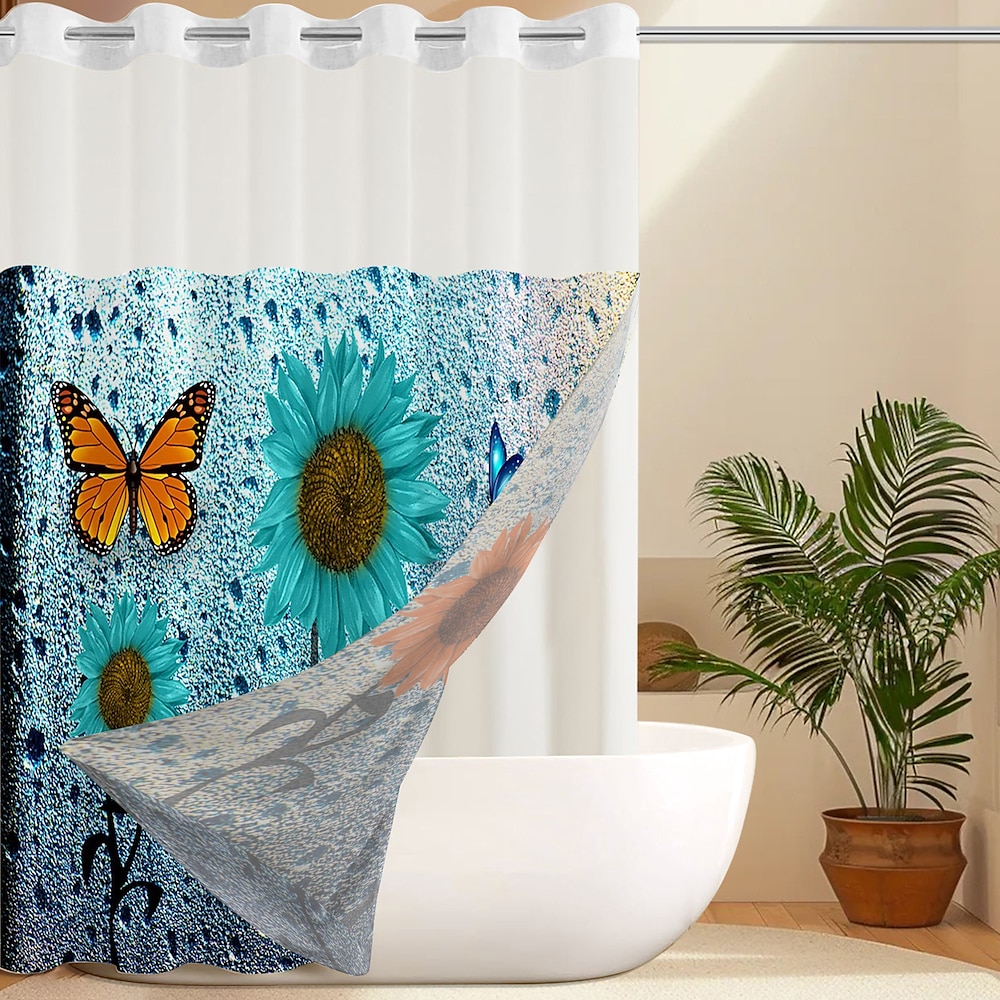 Jacquard-Duschvorhangset mit floralen Punkten, Einsteckfutter und transparentem Fenster, wasserabweisendes Polyester, Ösen oben ohne Haken, 120 g/m², doppellagige Badezimmertrennwand für Hotels und Lightinthebox