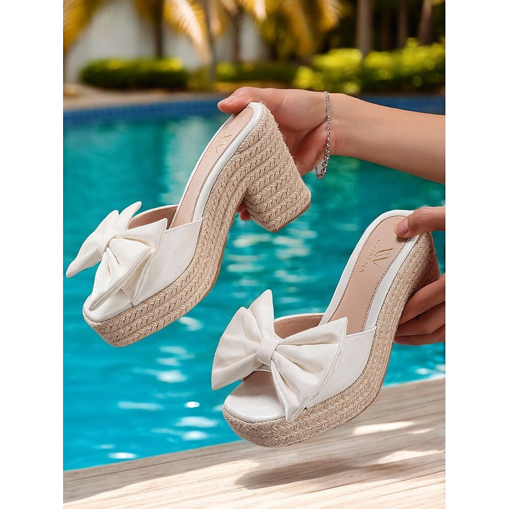 Weiße Plateausandalen mit Schleife für Damen - elegante Espadrille-Pantoletten mit Keilabsatz für den Sommer, Strandhochzeiten und Urlaubskleidung Lightinthebox