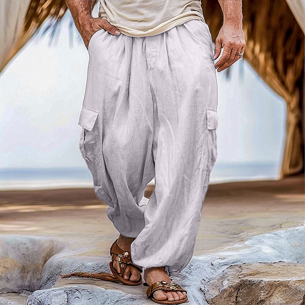 Herren Leinenhosen Hose Sommerhose Elastischer Bund Klappentasche Einfach Komfort Atmungsaktiv Urlaub Täglich Ferien Hawaiianisch Hell Gray Lightinthebox