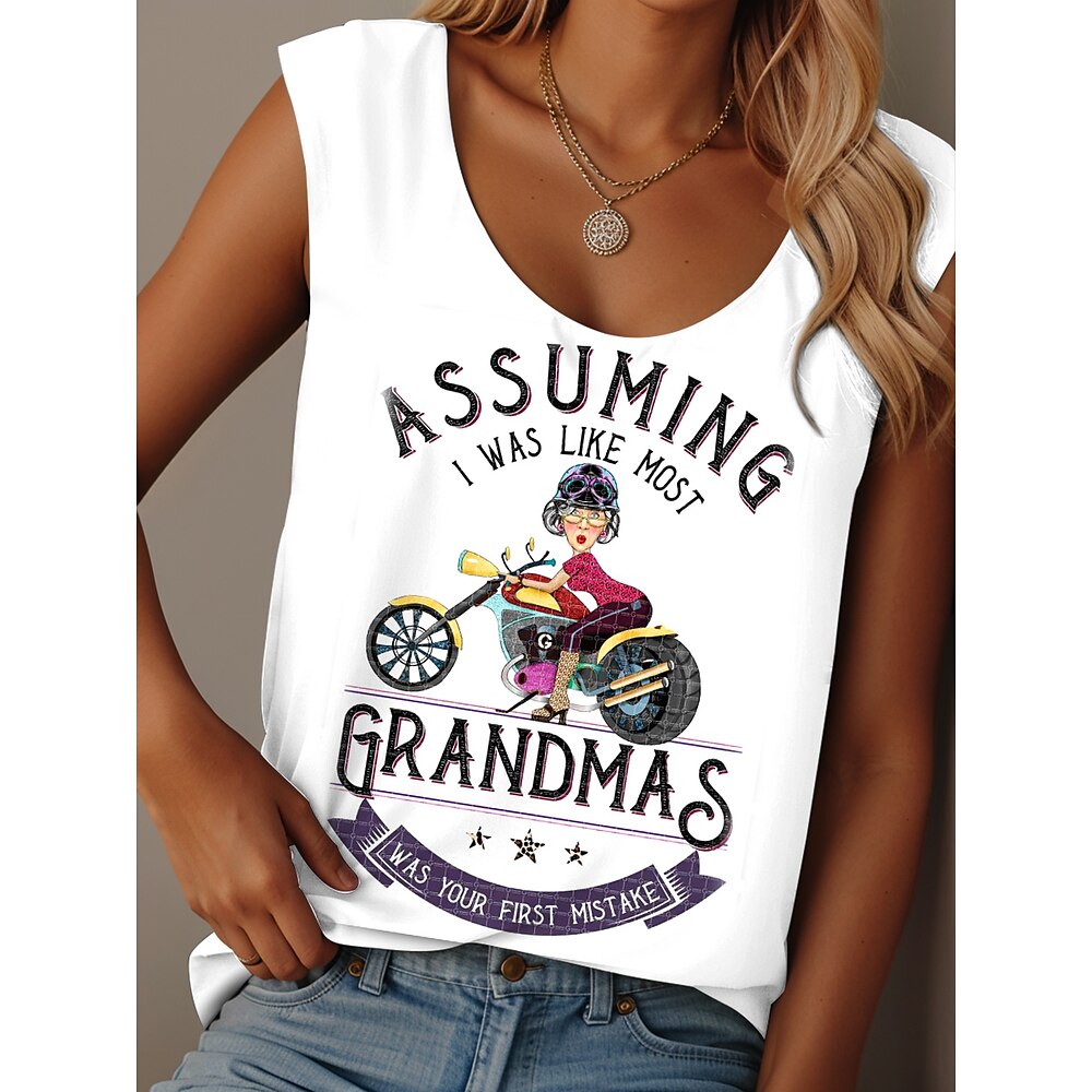 Damen Camisole-Tanktop Grafik Buchstabe Graffiti Täglich Lässig Ärmellos Rundhalsausschnitt Rundausschnitt Normale Oberteile Täglich Druck Weiß Sommer Grandmas Motorcycle Lightinthebox