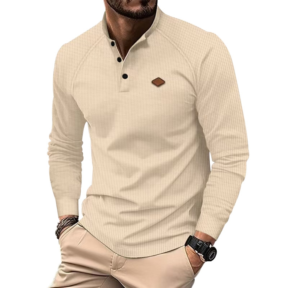 Herren T Shirt Waffel-Henley-Hemd Henley Shirt Tee Langarm Henley Frühling Herbst Glatt Modisch Designer Basic Knopf Urlaub Strasse Ausgehen Schwarz Weiß Königliches Blau Top T-Shirt für Herren Lightinthebox