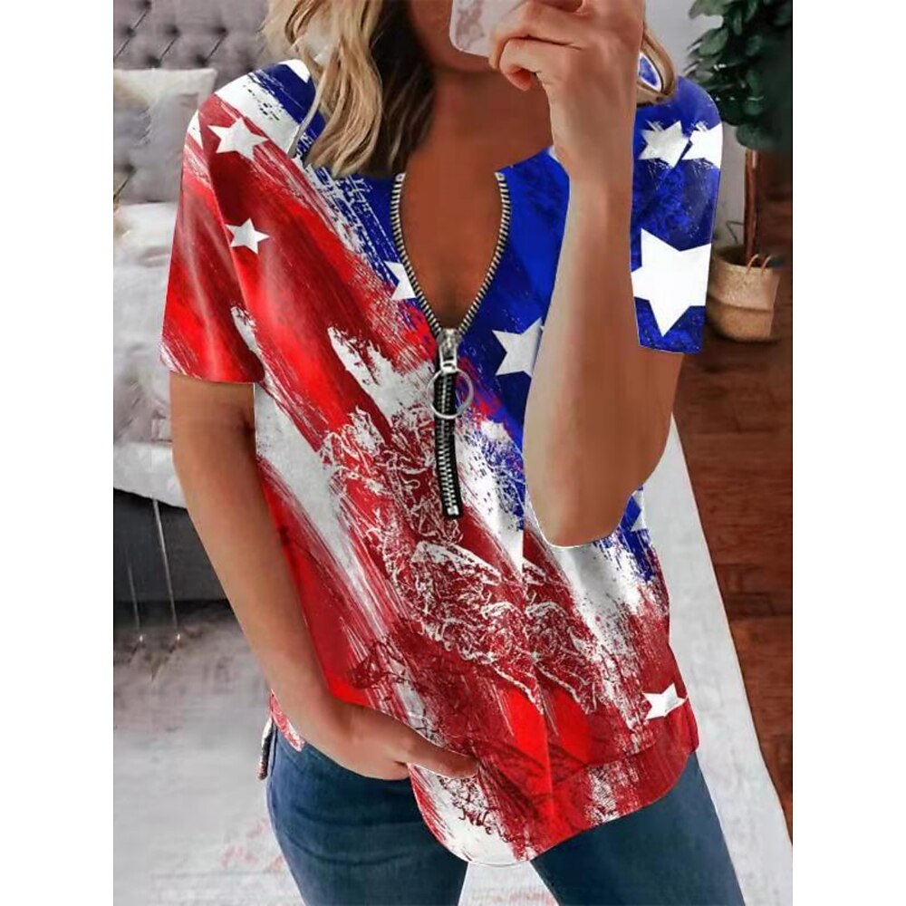 Damen Bluse Ombre Flagge Stilvoll Lässig Kurzarm Rundhalsausschnitt Normale Oberteile Täglich Reißverschluss Druck Schwarz Rote Grün Grau Sommer Lightinthebox