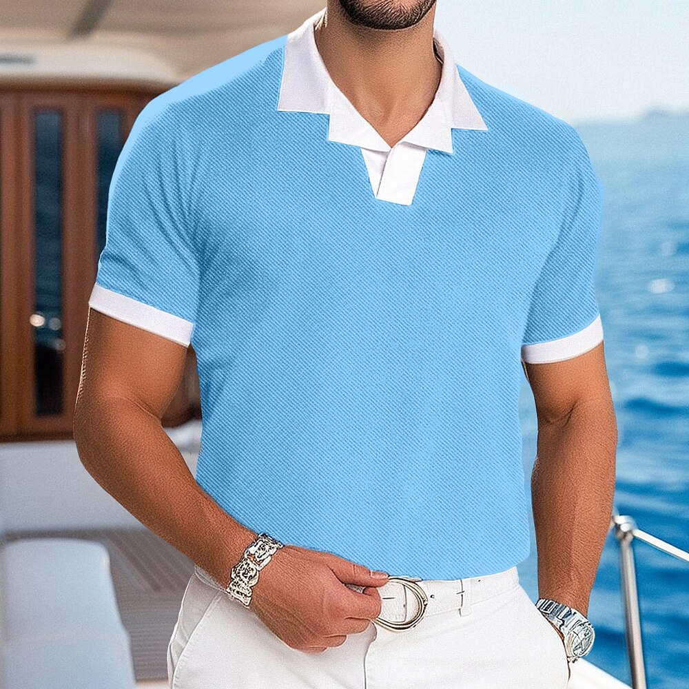 Herren Golfshirt Piqué-Poloshirt Arbeit Lässig Kubanisches Halsband Gerippter Polokragen Kurzarm Basic Modern Farbblock Patchwork Knöpfe Frühling Sommer Normale Passform Schwarz Marineblau Türkis Lightinthebox