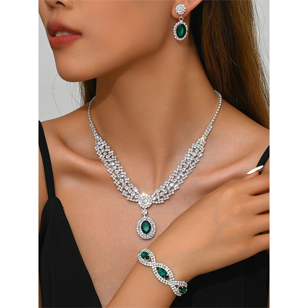 Luxuriöses Schmuckset aus grünem Kristall für Damen - elegante Halskette, Armband und Ohrringe, Braut-Hochzeitsaccessoires mit Strasssteinen für Partys und formelle Anlässe Lightinthebox