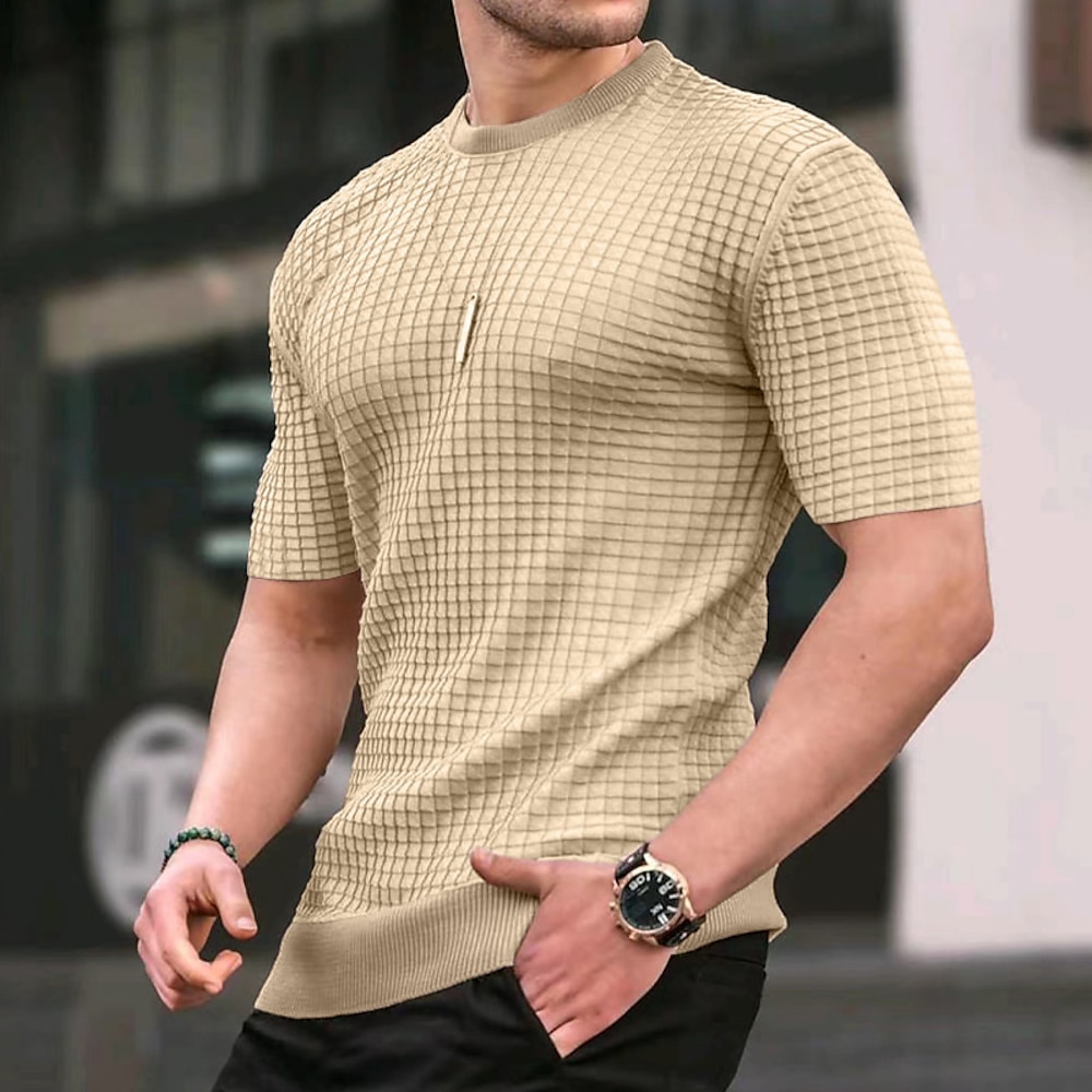 Herren T Shirt Tee Waffelstrick-T-Shirt Kurzarm-Shirt Kurzarm Rundhalsausschnitt Sommer Glatt Modisch Designer Basic Jacquard Urlaub Strasse Ausgehen Schwarz Weiß Kaki Top T-Shirt für Herren Lightinthebox