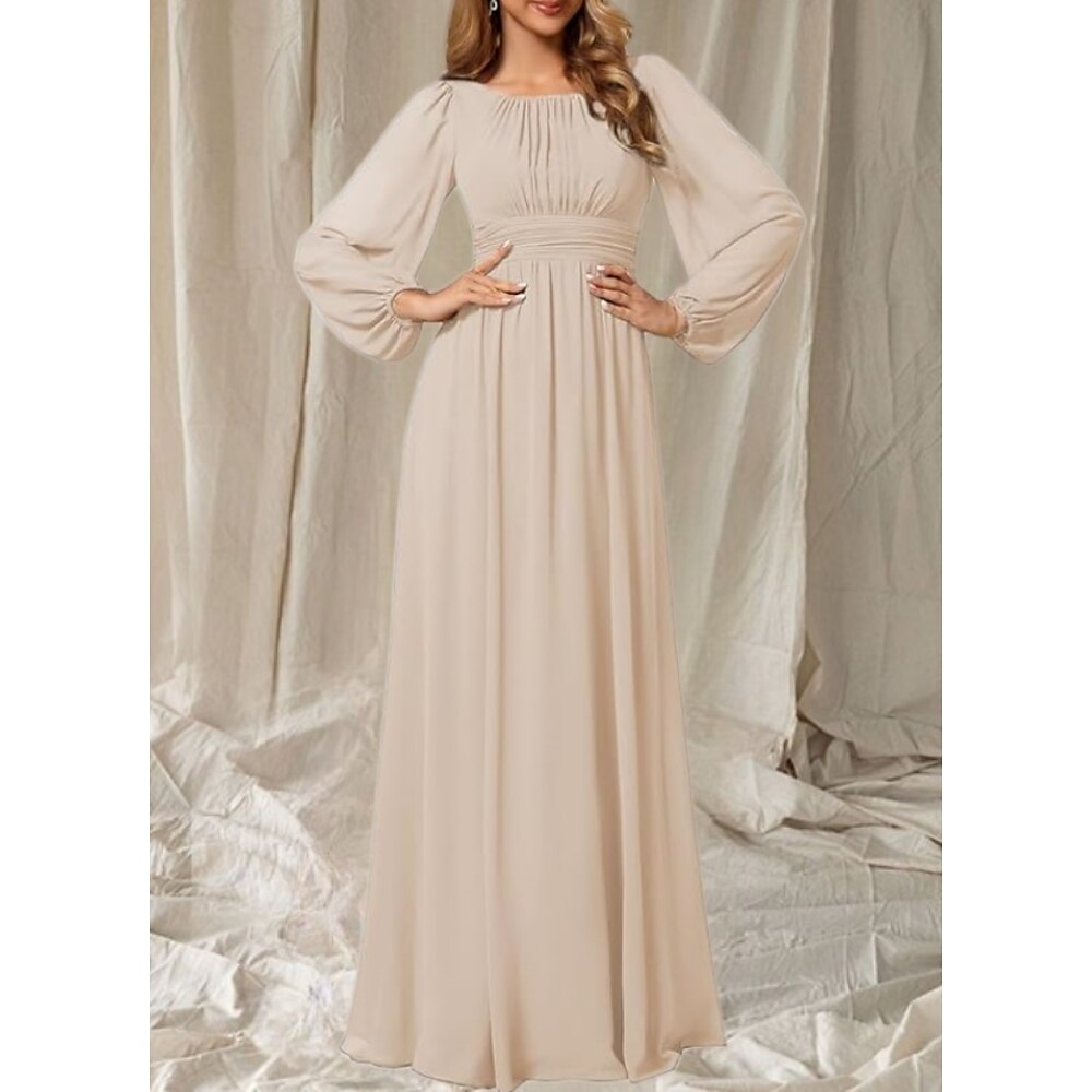 A-Linie Brautmutterkleid Hochzeitsgast Elegant Juwelenhals Bodenlang Chiffon Langarm mit Falten Raffung 2025 Lightinthebox