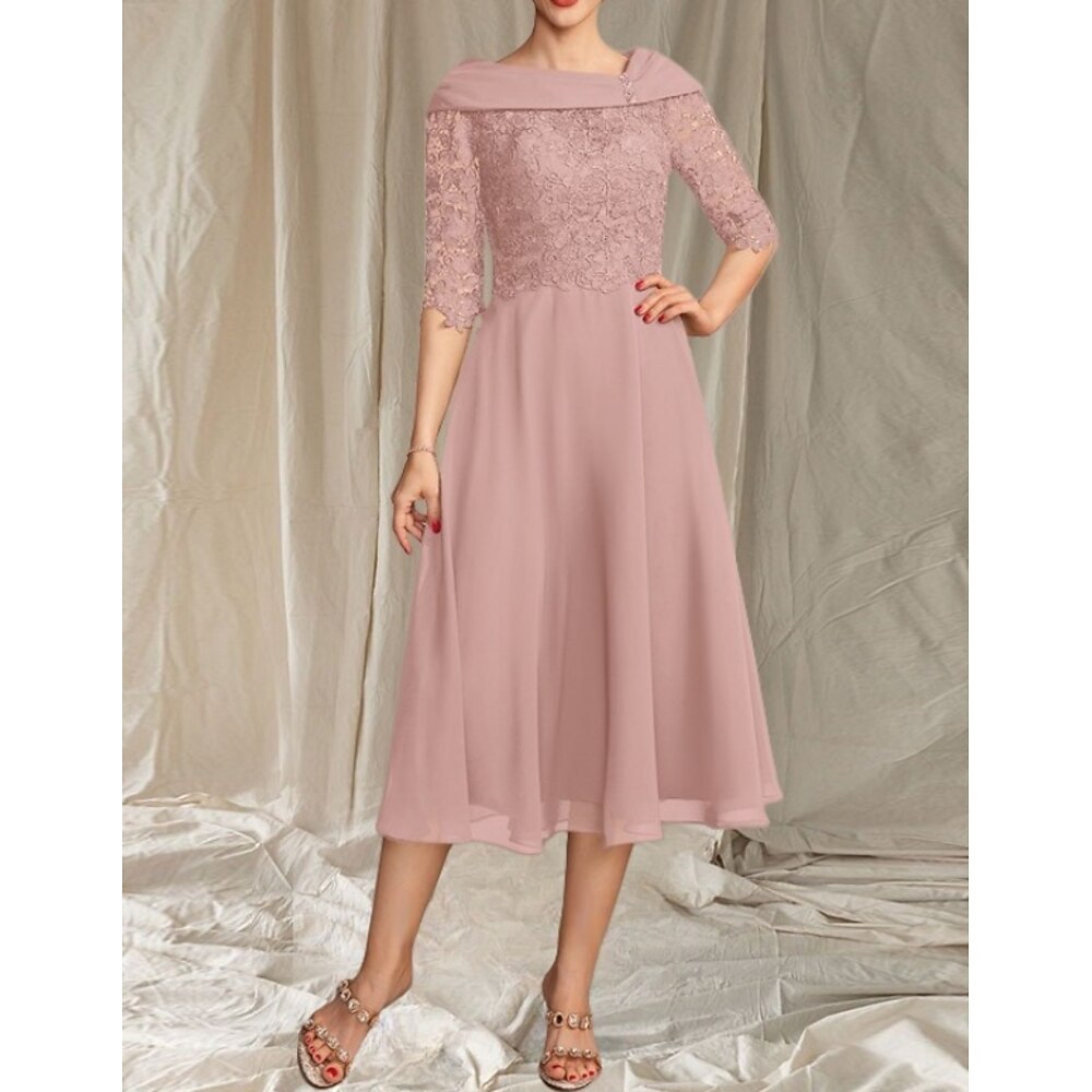 A-Linie Brautmutterkleid Hochzeitsgast Elegant Ausgekehlt Tee-Länge Chiffon Spitze Halbarm mit Spitze Perlenstickerei 2025 Lightinthebox