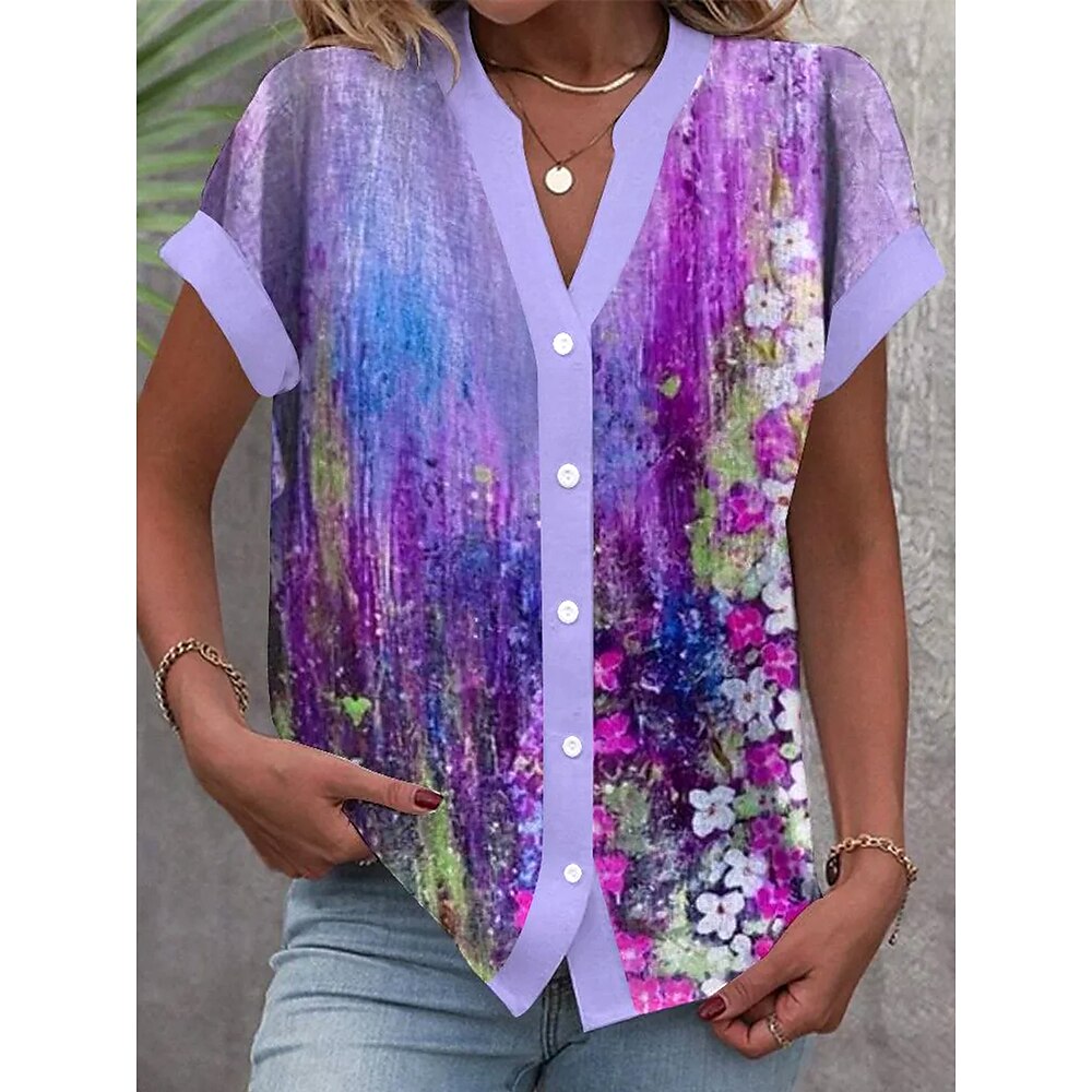 Damen Bluse Ombre Blumen Grafik Vintage Ethnisch Kurzarm Einkerbiger Ausschnitt Normale Oberteile Täglich Knöpfe Druck Violett Sommer Frühling Lightinthebox