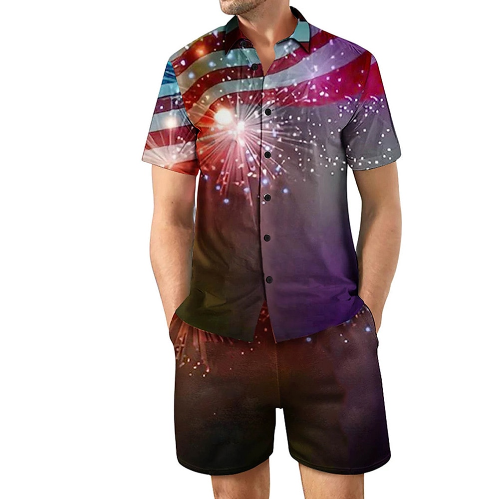 Amerikanischer Unabhängigkeitstag Herren Amerikanische US-Flagge 2St Sommertops Kurzarm Kurze Hosen Hemden-Sets Umlegekragen Täglich Outdoor Outdoor Täglich Festivalkleidung 3D-Druck Rote Lightinthebox