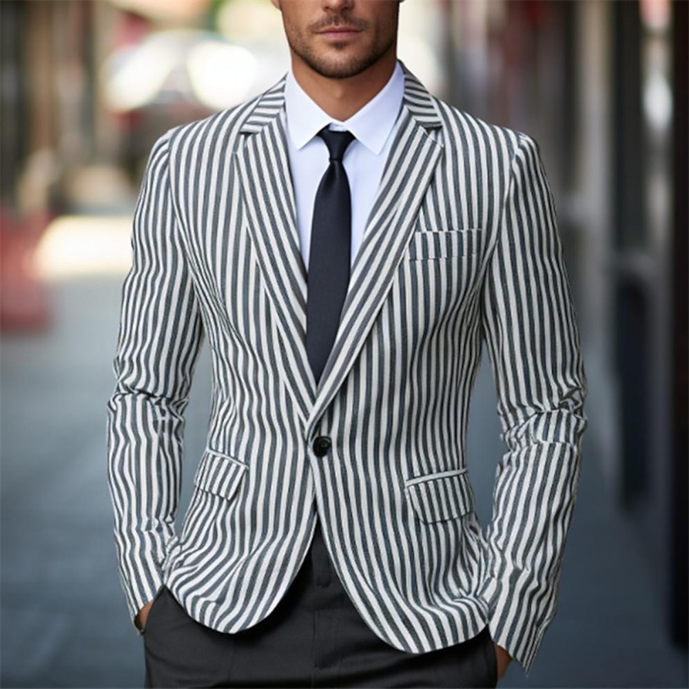 Herren Blazer Sakko Geschäft Cocktailparty Hochzeitsfeier Modisch Brautkleider schlicht Sommer Frühling Polyester Streifen Knopf Tasche Komfortabel Einreihiger Verschluss Blazer Dunkelgrau Hellgrau Lightinthebox