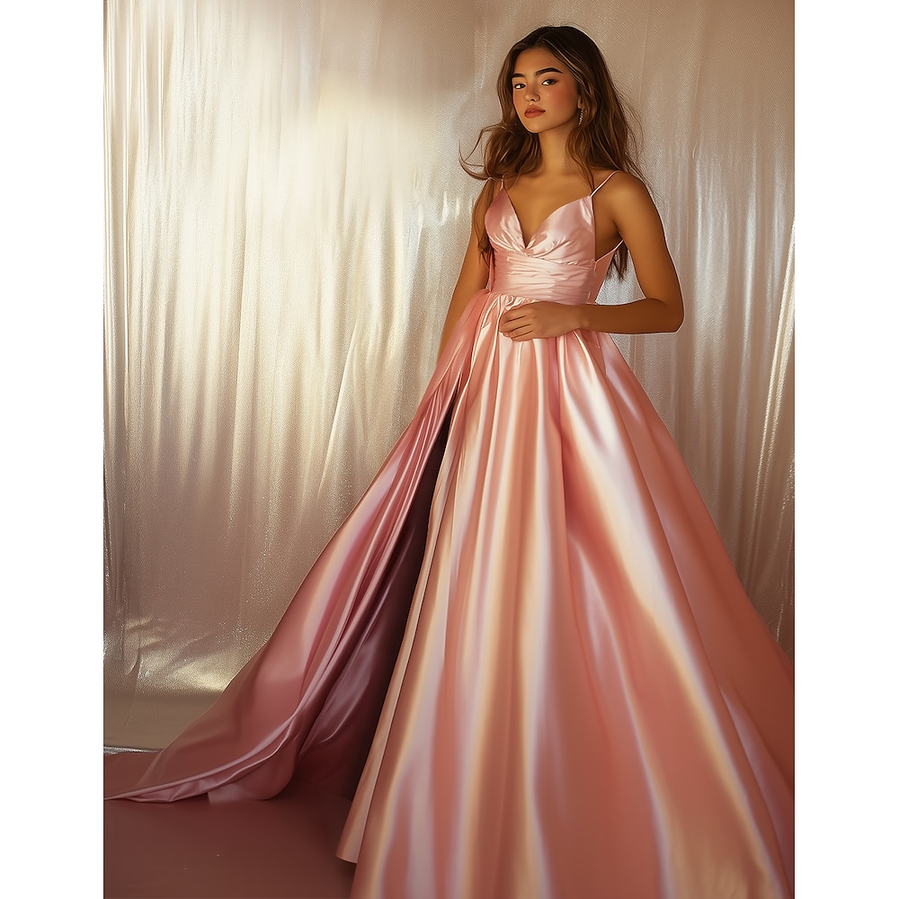 rosa A-Linie Ballkleid elegantes formelles Hochzeitskleid bodenlang ärmellos Spaghettiträger Satin mit Schlitz 2025 Lightinthebox