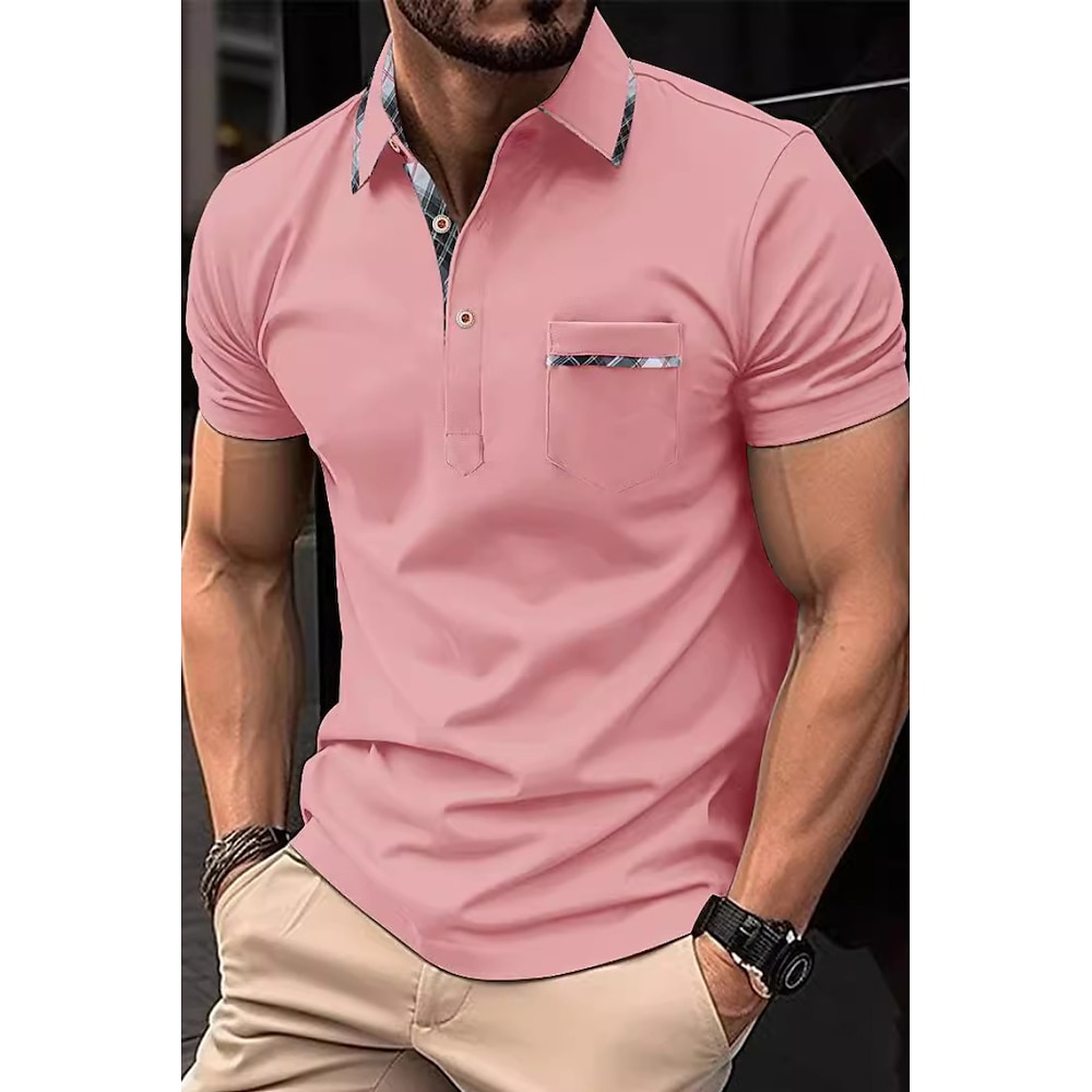 Herren Golfhemd Golf Poloshirts Arbeit Casual Kargen Kurzarm Modern Komfortabel Farbblock Knopf Tasche Sommer Frühling Regular Fit Wein Schwarz Rosa Himmelblau Golfhemd Lightinthebox