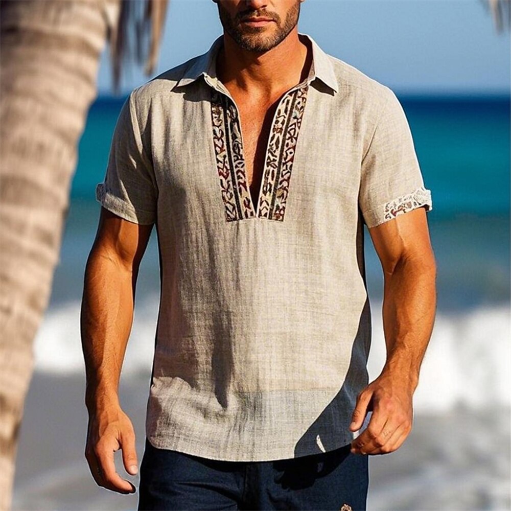 Herren Hemd leinenhemd Sommerhemd Strandhemd Vintage-Shirt Ethno-Hemd Urlaub Lässig Khaki Kurzarm V Ausschnitt Sommer Frühling Bekleidung Lightinthebox