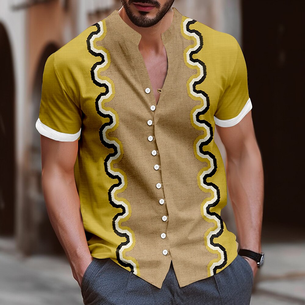 Herren Geometrisch Hemd Knopfhemd Stehkragenhemd Kurzarm Modisch lässig Urlaub Täglich Sommer Frühling Mandarinkragen Stehkragen Großvaterkragen 3D-Druck Leinenähnliches Hemd Gelb Blau Orange Lightinthebox