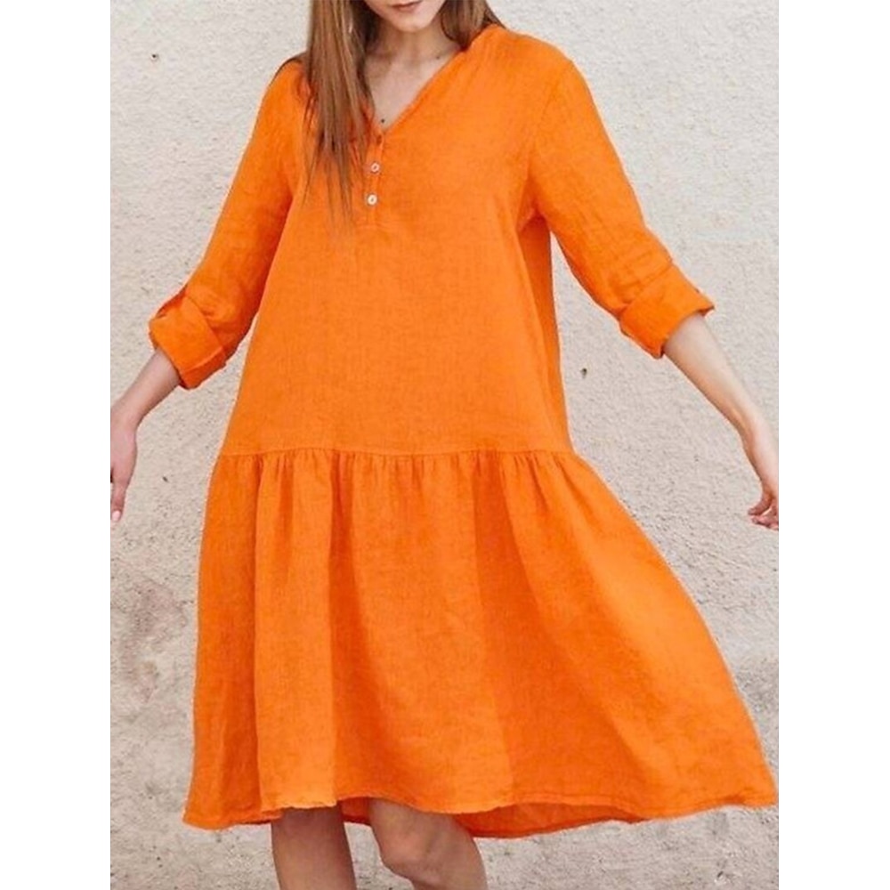 Damen Midikleid Casual kleid Baumwoll-Leinenkleid Elegant Modisch Klassisch Strand Lockere Passform Glatt Einfarbig Langarm V Ausschnitt Orange Khaki Sommer Frühling Herbst Lightinthebox