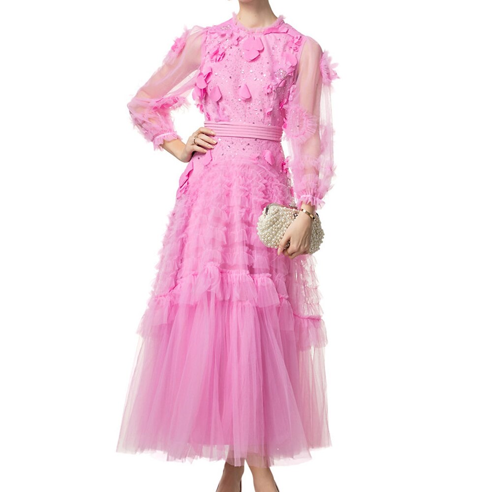 A-Linie Quinceanera-Kleider Elegant Kleid Hochzeit Hochzeitsgast Knöchellänge Langarm Rundhalsausschnitt Polyester Rückenfrei mit Applikationen 2025 Lightinthebox