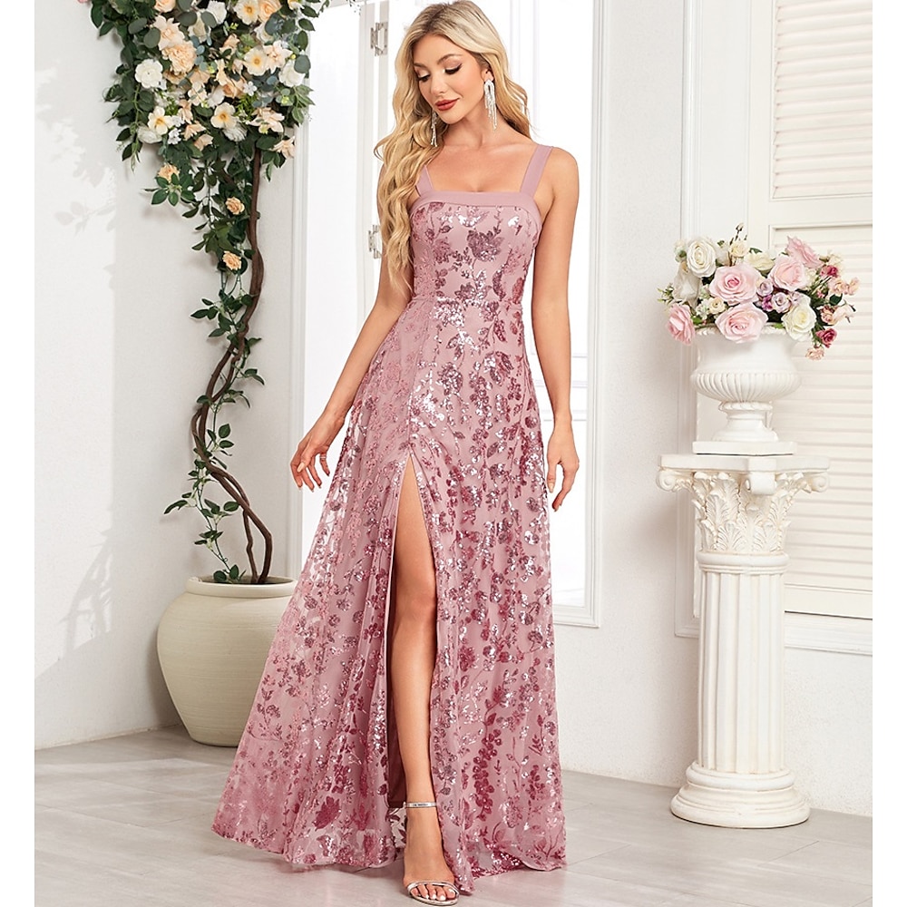 A-Linie Abendkleider Vintage Kleid Formal Abiball Boden-Länge Ärmellos Quadratischer Ausschnitt Pailletten mit Glitzer Paillette 2025 Lightinthebox