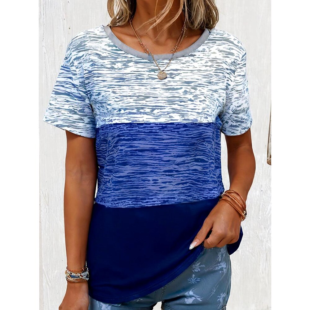 Damen T Shirt Grafik Geometrisch Stilvoll Lässig Kurzarm Rundhals Normale Oberteile Täglich Wochenende Druck Blau Sommer Lightinthebox