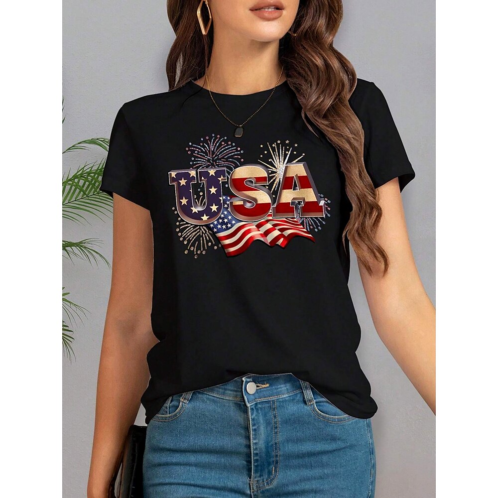 Amerikanischer Unabhängigkeitstag Damen T Shirt Grafik Flagge Amerikanische Flagge Lässig Kurzarm Rundhalsausschnitt Rundhals Normale Oberteile Täglich Druck Schwarz Weiß Sommer Lightinthebox