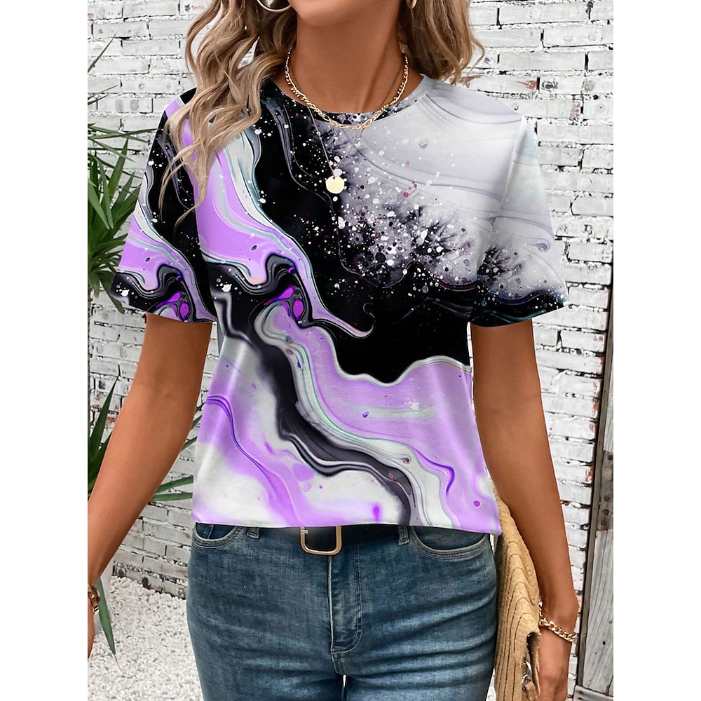 Damen T Shirt Grafik Marmor Lässig Trendy Kurzarm Rundhalsausschnitt Normale Oberteile Täglich Druck Blau Purpur Orange Grün Sommer Lightinthebox