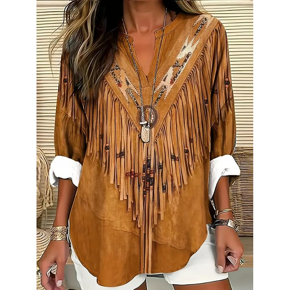 Damen Bluse Grafik Geometrisch Bohemien Vintage Täglich Langarm V Ausschnitt Normale Oberteile Täglich Ferien Urlaubskleidung Druck Khaki Sommer Frühling 民族 Lightinthebox