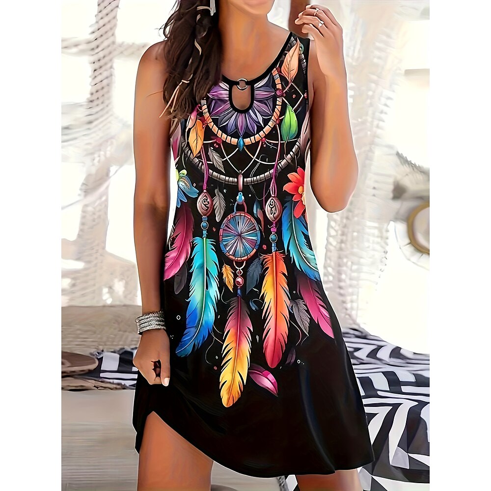 Damen Minikleid A Linie Kleid Sommerkleid Urlaub Lässig Täglich Normale Passform Grafik Stammes Ärmellos Rundhalsausschnitt Schwarz Sommer Lightinthebox