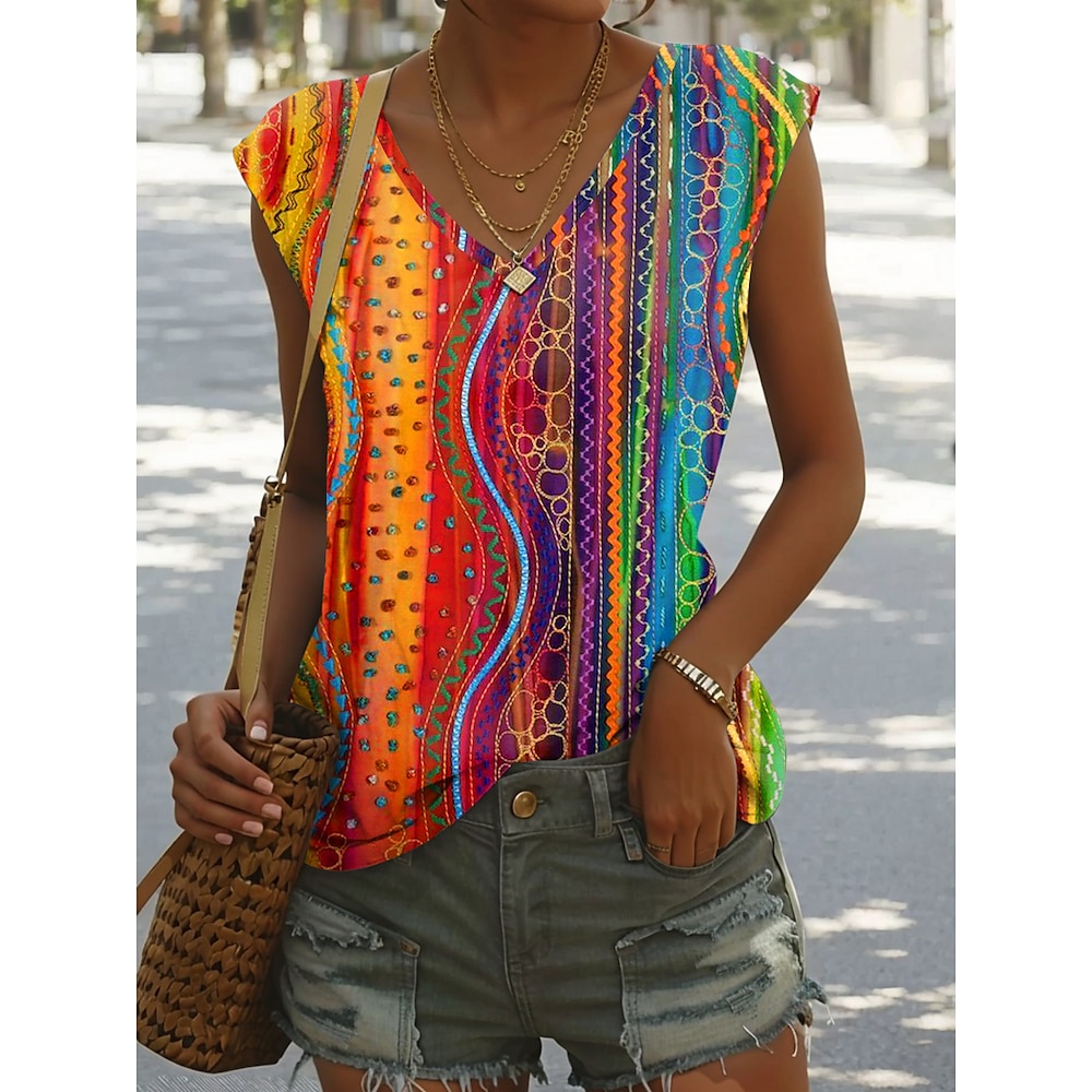 Damen Camisole-Tanktop Ombre Grafik Geometrisch Vintage Lässig Ärmellos V Ausschnitt Normale Oberteile Täglich Druck Regenbogen Sommer Lightinthebox