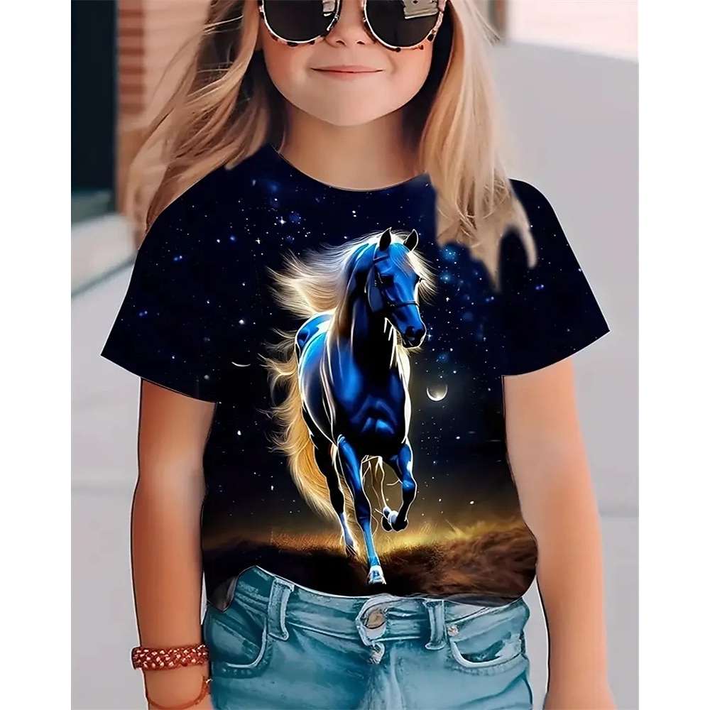 Mädchen 3D Pferd T-Shirt Kurzarm Sommer Frühling Mode Basic Kinder 4-12 Jahre Rundhalsausschnitt Outdoor Lässig Täglich Normale Passform Lightinthebox