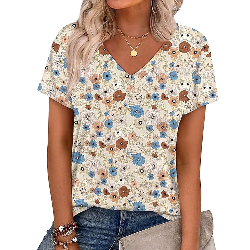 Damen T Shirt Blumen Grafik Lässig Kurzarm V Ausschnitt Normale Oberteile Täglich Druck Khaki Sommer Frühling Lightinthebox