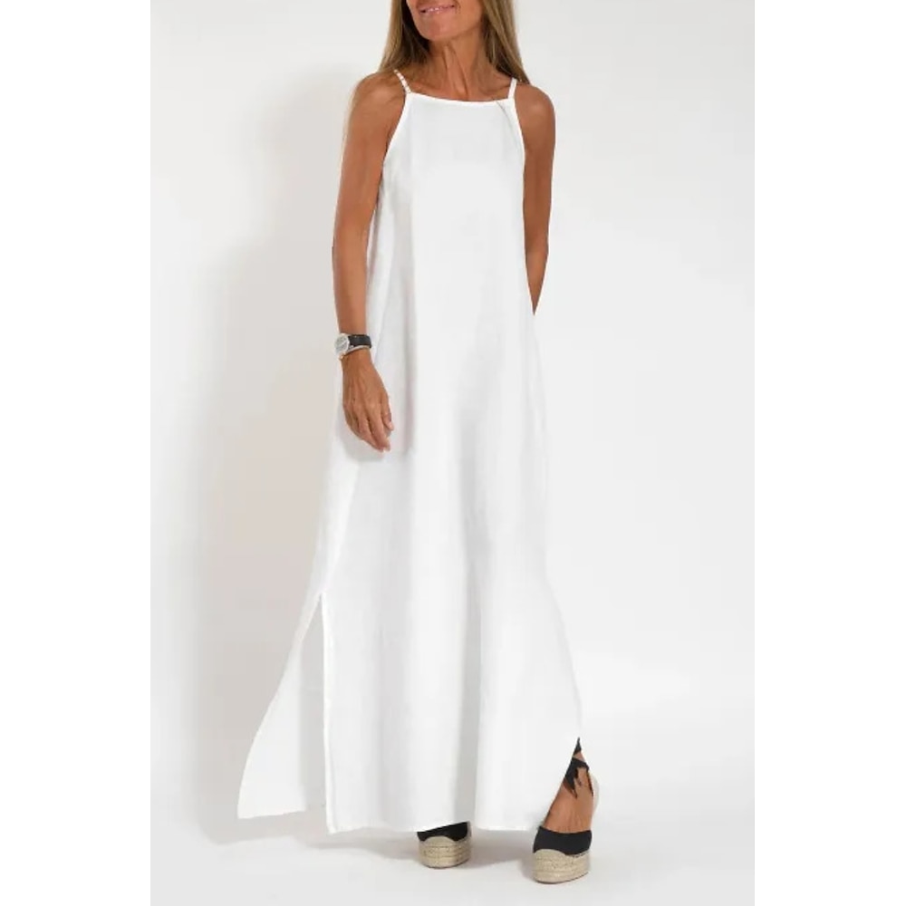 Damen Langes Kleid Maxikleid Baumwoll-Leinenkleid Unterkleid Mode Basic Modern Täglich Strand Wochenende Normale Passform Einfach Ärmellos Spaghettiträger Schwarz Weiß Armeegrün Sommer Lightinthebox